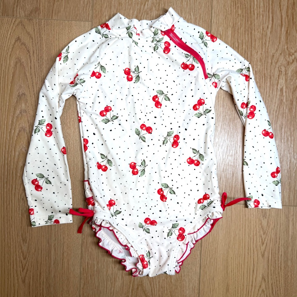 Jessica Simpson Long Sleeve Rash Guard Swimsuit Girls 4T White Red Cherry Ruffle